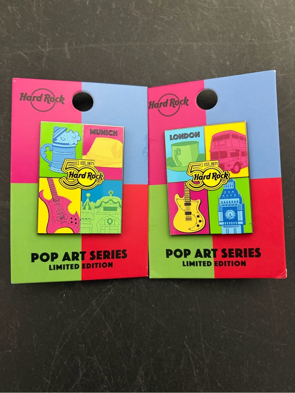Hard Rock Cafe 50th Anniversary Pop Art Series Pin Bundle of 2 New on Card